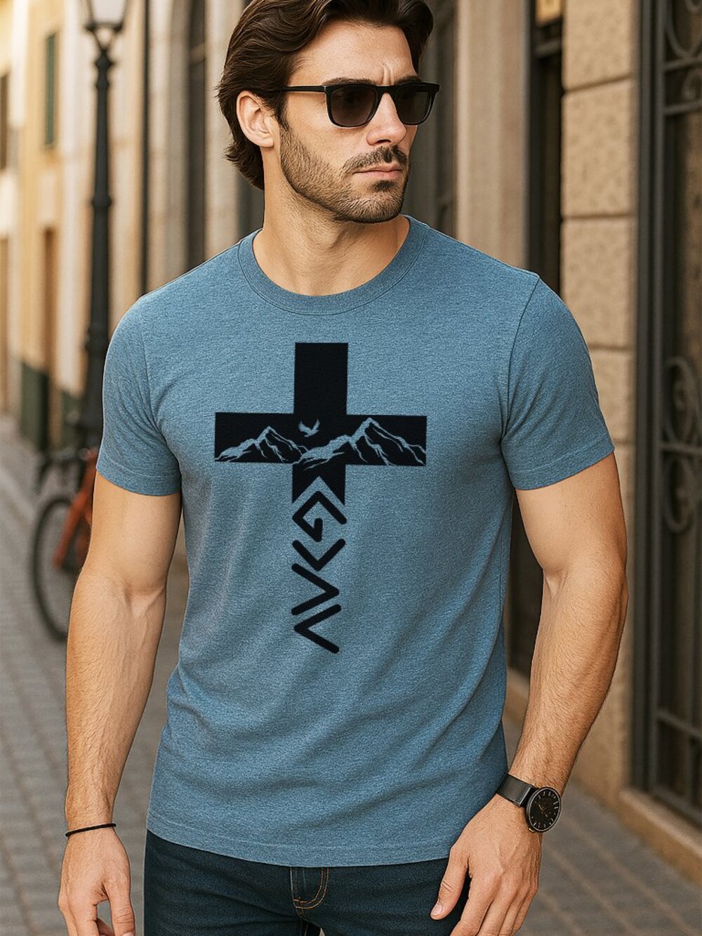 Men’s Cross God is Greater Mountain Graphic T-Shirt Regular Fit